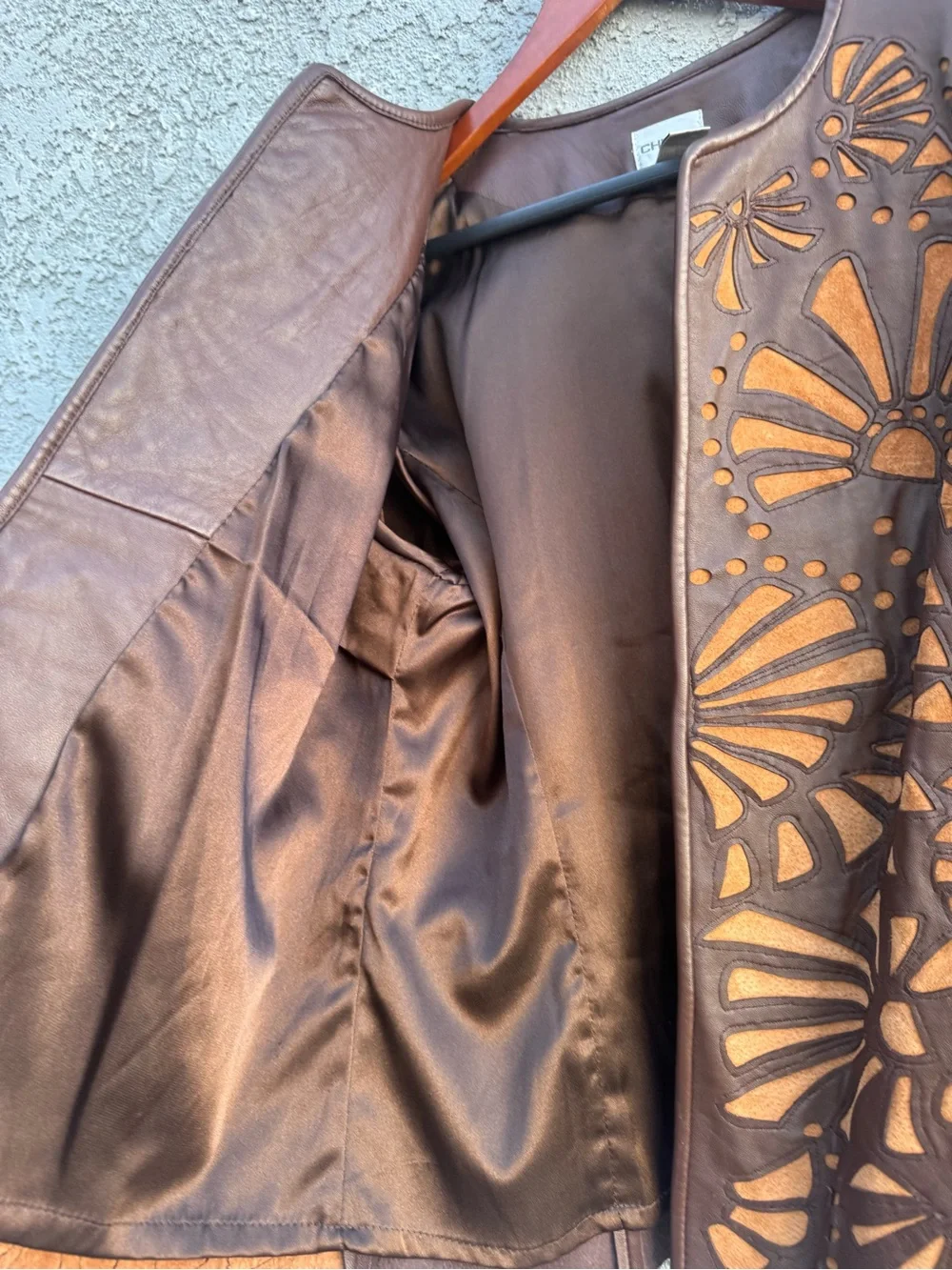 Vintage Chico's Genuine Leather Laser Cutout Jacket Brown - Size 2 (L) - Picture 9 of 11